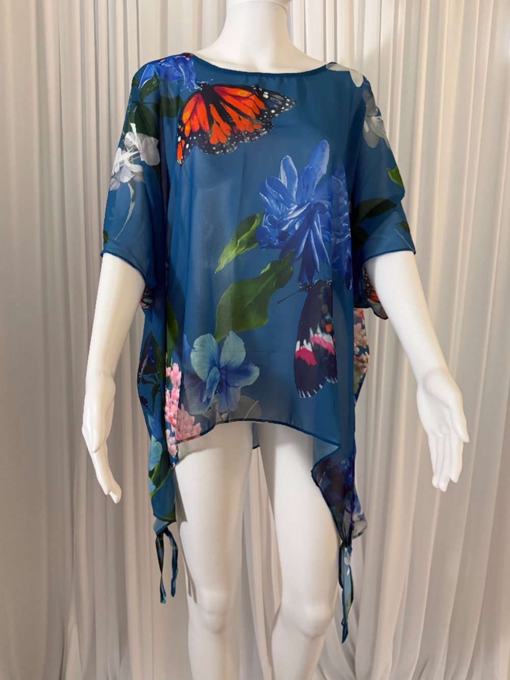 Colleen Lopez M Blue Butterfly Floral Chiffon Tunic Top NWOT